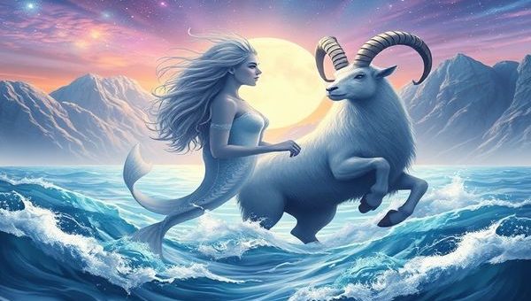 Create a high-definition image depicting the mystical union of Pisces and Capricorn. Illustrate a serene landscape where the ethereal waters of the ocean meet the rugged mountains. In the foreground, a dreamy Pisces figure, surrounded by flowing waves and shimmering moonlight, embodies emotion and intuition. Alongside, a steadfast Capricorn figure, symbolized by a majestic mountain goat, represents strength and discipline, gazing upward towards the stars. The sky is ablaze with celestial hues, blending dreams and reality, showcasing the dynamic balance of their contrasting energies, intertwined in harmony.