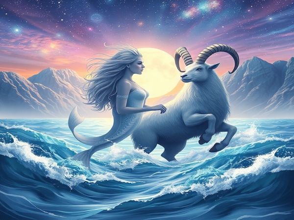 Create a high-definition image depicting the mystical union of Pisces and Capricorn. Illustrate a serene landscape where the ethereal waters of the ocean meet the rugged mountains. In the foreground, a dreamy Pisces figure, surrounded by flowing waves and shimmering moonlight, embodies emotion and intuition. Alongside, a steadfast Capricorn figure, symbolized by a majestic mountain goat, represents strength and discipline, gazing upward towards the stars. The sky is ablaze with celestial hues, blending dreams and reality, showcasing the dynamic balance of their contrasting energies, intertwined in harmony.