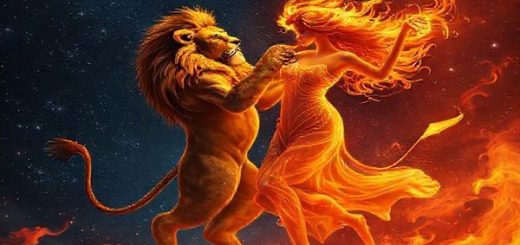 Create a high-definition image of a cosmic dance between a majestic lion representing Leo and a graceful figure embodying Libra, surrounded by vibrant flames and swirling gentle breezes. The background should resemble a starry night sky, filled with twinkling stars that reflect the warmth of the sun and the coolness of the air. Capture the enchanting harmony of fire and air in their celestial ballet, with elements of light and beauty intertwining as they celebrate their love in a mystical setting.