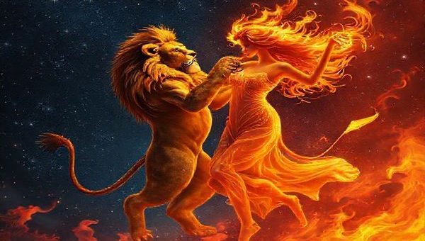 Create a high-definition image of a cosmic dance between a majestic lion representing Leo and a graceful figure embodying Libra, surrounded by vibrant flames and swirling gentle breezes. The background should resemble a starry night sky, filled with twinkling stars that reflect the warmth of the sun and the coolness of the air. Capture the enchanting harmony of fire and air in their celestial ballet, with elements of light and beauty intertwining as they celebrate their love in a mystical setting.