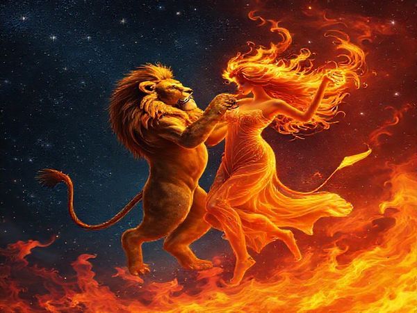 Create a high-definition image of a cosmic dance between a majestic lion representing Leo and a graceful figure embodying Libra, surrounded by vibrant flames and swirling gentle breezes. The background should resemble a starry night sky, filled with twinkling stars that reflect the warmth of the sun and the coolness of the air. Capture the enchanting harmony of fire and air in their celestial ballet, with elements of light and beauty intertwining as they celebrate their love in a mystical setting.