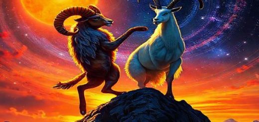 A breathtaking high-definition image of a celestial dance between a fiery Aries ram, illuminated by a vibrant sunrise, and an elegant Capricorn mountain goat, standing majestically atop a rugged peak. The scene captures the dynamic interplay of fire and earth, with Aries exuding raw energy and passion, while Capricorn radiates wisdom and strength. They are surrounded by swirling stars and cosmic colors that hint at their philosophical musings, creating a tapestry of contrasts, showcasing both spontaneity and diligence in an enchanting, harmonious ballet of celestial forces.