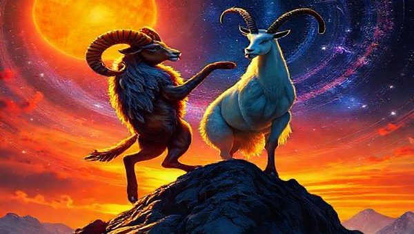 A breathtaking high-definition image of a celestial dance between a fiery Aries ram, illuminated by a vibrant sunrise, and an elegant Capricorn mountain goat, standing majestically atop a rugged peak. The scene captures the dynamic interplay of fire and earth, with Aries exuding raw energy and passion, while Capricorn radiates wisdom and strength. They are surrounded by swirling stars and cosmic colors that hint at their philosophical musings, creating a tapestry of contrasts, showcasing both spontaneity and diligence in an enchanting, harmonious ballet of celestial forces.