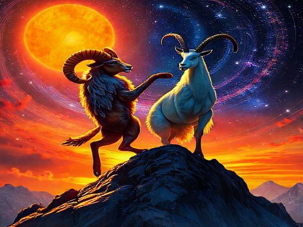 A breathtaking high-definition image of a celestial dance between a fiery Aries ram, illuminated by a vibrant sunrise, and an elegant Capricorn mountain goat, standing majestically atop a rugged peak. The scene captures the dynamic interplay of fire and earth, with Aries exuding raw energy and passion, while Capricorn radiates wisdom and strength. They are surrounded by swirling stars and cosmic colors that hint at their philosophical musings, creating a tapestry of contrasts, showcasing both spontaneity and diligence in an enchanting, harmonious ballet of celestial forces.