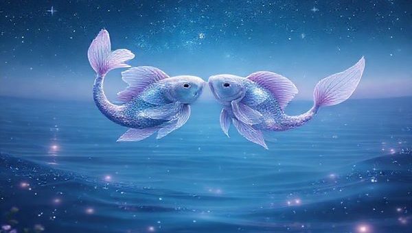 A stunning high-definition image capturing two ethereal fish gracefully swimming together in tranquil, shimmering waters under a starry night sky. The scene radiates shades of deep blue and soft lavender, reflectively illustrating their emotional connection and mystical bond. Surrounding them, twinkling stars hint at their cosmic journey, while gentle waves symbolize the ebb and flow of their love. Incorporate elements of dreamlike florals and whimsical lights, creating a enchanting atmosphere of romance and spirituality, embodying the essence of Pisces and their eternal dance.