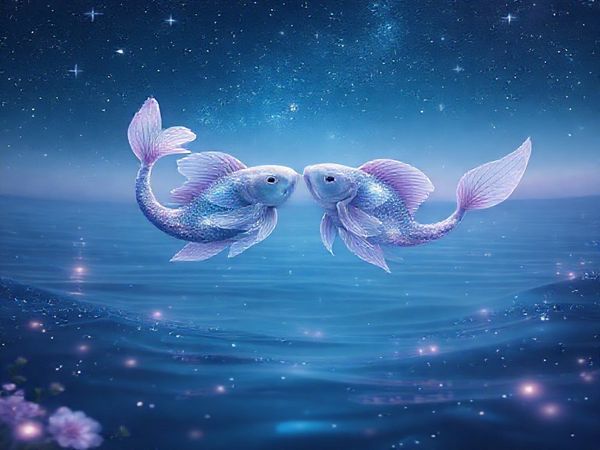 A stunning high-definition image capturing two ethereal fish gracefully swimming together in tranquil, shimmering waters under a starry night sky. The scene radiates shades of deep blue and soft lavender, reflectively illustrating their emotional connection and mystical bond. Surrounding them, twinkling stars hint at their cosmic journey, while gentle waves symbolize the ebb and flow of their love. Incorporate elements of dreamlike florals and whimsical lights, creating a enchanting atmosphere of romance and spirituality, embodying the essence of Pisces and their eternal dance.
