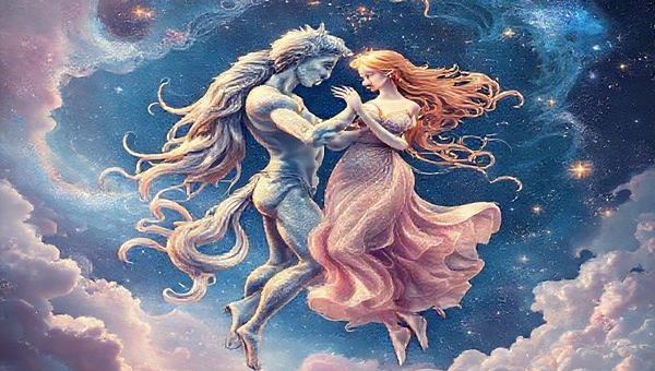 "Create a high definition image of an ethereal cosmic dance between Aquarius and Libra, depicted as two celestial figures entwined among shimmering stars and flowing clouds of vibrant colors. Aquarius should be portrayed as a visionary with a rebellious spirit, surrounded by swirling patterns of blue and silver, while Libra embodies harmony and beauty with gentle hues of pink and gold. Include cosmic elements symbolizing their deep intellectual connection and the balance they bring to each other, with constellations elegantly framing the scene."