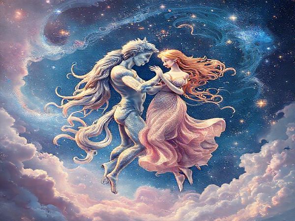 "Create a high definition image of an ethereal cosmic dance between Aquarius and Libra, depicted as two celestial figures entwined among shimmering stars and flowing clouds of vibrant colors. Aquarius should be portrayed as a visionary with a rebellious spirit, surrounded by swirling patterns of blue and silver, while Libra embodies harmony and beauty with gentle hues of pink and gold. Include cosmic elements symbolizing their deep intellectual connection and the balance they bring to each other, with constellations elegantly framing the scene."