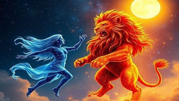 A stunning depiction of Leo and Aquarius in a celestial setting, where Leo, a radiant lion made of fiery stars, roars with confidence under a bright sun, while Aquarius, a swirling figure of flowing air and sparkles, dances gracefully in the cosmic breeze. They are surrounded by twinkling constellations that reflect their contrasting energies—a dramatic flame meeting a cool breeze. The scene captures their dynamic connection, with vibrant colors symbolizing passion and intellect, framed by a galaxy filled with swirling galaxies and shining stars. Create this image in high definition.