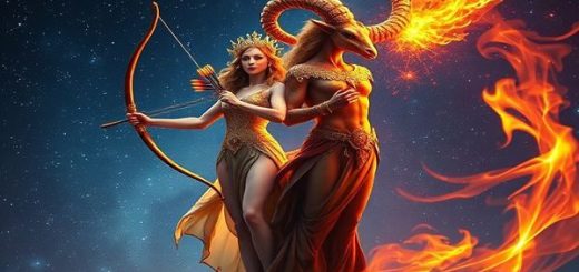 Create a high definition image depicting the cosmic union of Sagittarius and Aries. Visualize Sagittarius as a graceful figure, adorned with a shimmering quiver of arrows, illuminating the night sky with a torch of curiosity, while Aries stands boldly beside them, embodying fierce energy with vibrant flames swirling around. The background features a starry expanse, with constellations intertwining, representing their adventurous connection. Capture the essence of exploration and passion in a vivid, dynamic atmosphere filled with bursts of color and celestial elements.