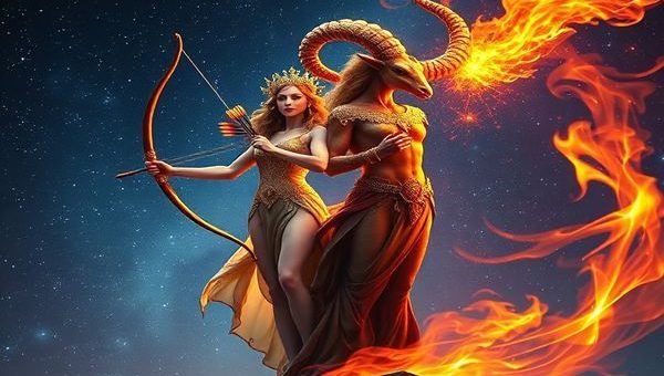 Create a high definition image depicting the cosmic union of Sagittarius and Aries. Visualize Sagittarius as a graceful figure, adorned with a shimmering quiver of arrows, illuminating the night sky with a torch of curiosity, while Aries stands boldly beside them, embodying fierce energy with vibrant flames swirling around. The background features a starry expanse, with constellations intertwining, representing their adventurous connection. Capture the essence of exploration and passion in a vivid, dynamic atmosphere filled with bursts of color and celestial elements.