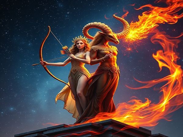 Create a high definition image depicting the cosmic union of Sagittarius and Aries. Visualize Sagittarius as a graceful figure, adorned with a shimmering quiver of arrows, illuminating the night sky with a torch of curiosity, while Aries stands boldly beside them, embodying fierce energy with vibrant flames swirling around. The background features a starry expanse, with constellations intertwining, representing their adventurous connection. Capture the essence of exploration and passion in a vivid, dynamic atmosphere filled with bursts of color and celestial elements.