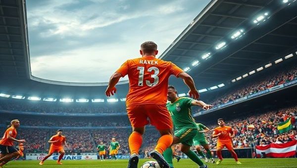 "Create a high definition image capturing the intense moment of a World Cup Qualifier match between the Netherlands and Lithuania. The scene showcases the Dutch team in their iconic orange jerseys, performing their dynamic 'Total Football' against a determined Lithuanian squad in green, embodying grit and resilience. The stadium is filled with passionate fans, banners waving, and a dramatic sky overhead, emphasizing the clash of styles and the high stakes of the game."
