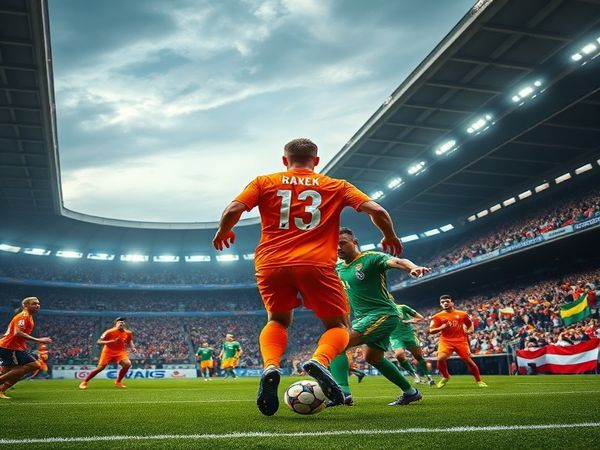"Create a high definition image capturing the intense moment of a World Cup Qualifier match between the Netherlands and Lithuania. The scene showcases the Dutch team in their iconic orange jerseys, performing their dynamic 'Total Football' against a determined Lithuanian squad in green, embodying grit and resilience. The stadium is filled with passionate fans, banners waving, and a dramatic sky overhead, emphasizing the clash of styles and the high stakes of the game."