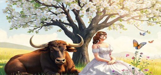 Create a high-definition image of a serene spring landscape symbolizing the bond between Taurus and Virgo. Depict a peaceful meadow with a sturdy bull resting under a blossoming tree, embodying Taurus’s warm presence. Beside the bull, illustrate a meticulous maiden with a thoughtful gaze, surrounded by detailed wildflowers and butterflies, representing Virgo’s analytical beauty. Soft sunlight filters through the leaves, casting a gentle glow on the scene, highlighting the harmony of their union in nature.