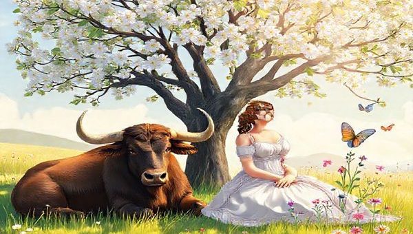 Create a high-definition image of a serene spring landscape symbolizing the bond between Taurus and Virgo. Depict a peaceful meadow with a sturdy bull resting under a blossoming tree, embodying Taurus’s warm presence. Beside the bull, illustrate a meticulous maiden with a thoughtful gaze, surrounded by detailed wildflowers and butterflies, representing Virgo’s analytical beauty. Soft sunlight filters through the leaves, casting a gentle glow on the scene, highlighting the harmony of their union in nature.