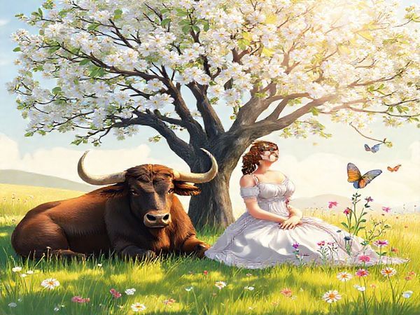 Create a high-definition image of a serene spring landscape symbolizing the bond between Taurus and Virgo. Depict a peaceful meadow with a sturdy bull resting under a blossoming tree, embodying Taurus’s warm presence. Beside the bull, illustrate a meticulous maiden with a thoughtful gaze, surrounded by detailed wildflowers and butterflies, representing Virgo’s analytical beauty. Soft sunlight filters through the leaves, casting a gentle glow on the scene, highlighting the harmony of their union in nature.