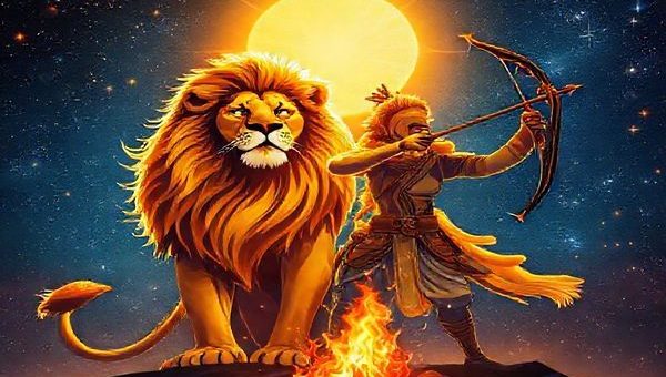Create a high definition image portraying the dynamic union of Leo and Sagittarius in a celestial setting. Visualize Leo as a radiant lion with a majestic mane glowing under the sun, symbolizing courage and royalty. Next to Leo, illustrate Sagittarius as a spirited archer aiming their bow toward the stars, embodying adventure and freedom. Surround them with a vibrant cosmic backdrop filled with fiery constellations, bright shooting stars, and a bonfire that illuminates the night sky. Capture the essence of their passionate connection, with sparks of energy dancing between them, radiating warmth, joy, and an air of exploration.