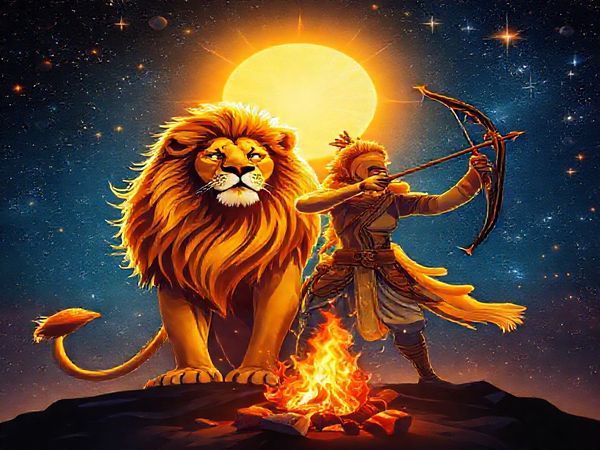 Create a high definition image portraying the dynamic union of Leo and Sagittarius in a celestial setting. Visualize Leo as a radiant lion with a majestic mane glowing under the sun, symbolizing courage and royalty. Next to Leo, illustrate Sagittarius as a spirited archer aiming their bow toward the stars, embodying adventure and freedom. Surround them with a vibrant cosmic backdrop filled with fiery constellations, bright shooting stars, and a bonfire that illuminates the night sky. Capture the essence of their passionate connection, with sparks of energy dancing between them, radiating warmth, joy, and an air of exploration.