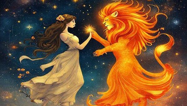 Create a high definition image depicting a celestial dance between Virgo and Leo, visually representing their contrasting energies. Illustrate Virgo as a serene figure, surrounded by earthy tones, holding delicate flowers and pondering stars, while Leo radiates vibrant warmth, adorned in fiery hues, exuding confidence and charisma. Capture the harmonious interaction of earth and fire with swirling cosmic elements, where meticulousness meets passionate exuberance, set against a starry night sky filled with glowing constellations.