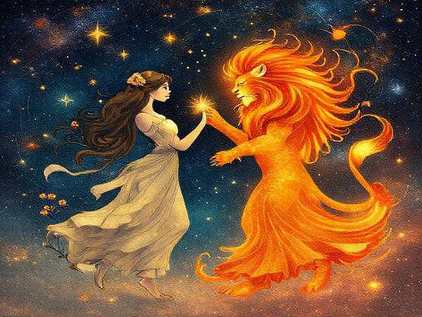 Create a high definition image depicting a celestial dance between Virgo and Leo, visually representing their contrasting energies. Illustrate Virgo as a serene figure, surrounded by earthy tones, holding delicate flowers and pondering stars, while Leo radiates vibrant warmth, adorned in fiery hues, exuding confidence and charisma. Capture the harmonious interaction of earth and fire with swirling cosmic elements, where meticulousness meets passionate exuberance, set against a starry night sky filled with glowing constellations.