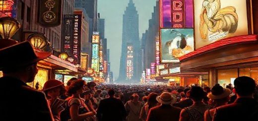 Create a high definition image depicting a vibrant 1920s advertising scene filled with flappers in stylish dresses and dapper men in fedoras. The backdrop features Art Deco architecture and neon-lit billboards showcasing imaginative, futuristic products that seem to leap off the pages of magazines. Jazz musicians play lively tunes, and a diverse crowd of captivated people marvel at the innovative advertisements, embodying the optimism and creative spirit of the Roaring Twenties, while hints of today's digital landscape peek through the vintage charm.