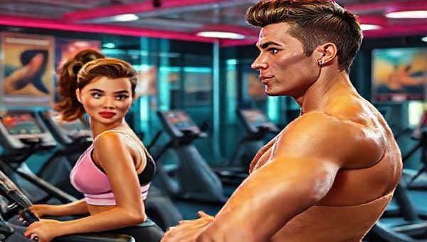 **Prompt:** Create a high-definition image of a 1950s futuristic gym, blending retro aesthetics with imaginative fitness technology like eccentric machines and heart rate monitors. Picture a glamorous actress and a chiselled hero engaging in effortless workouts while vibrant colors and whimsical designs evoke the optimism of the era. Include elements like vintage posters depicting fitness ideals of the time and a contrast with sleek modern smartwatches visible on their wrists.