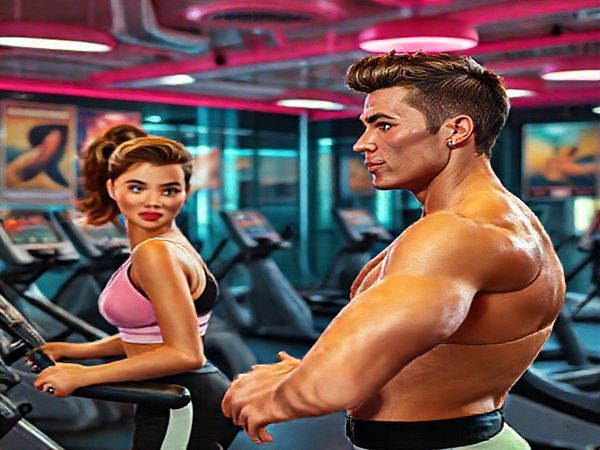 **Prompt:** Create a high-definition image of a 1950s futuristic gym, blending retro aesthetics with imaginative fitness technology like eccentric machines and heart rate monitors. Picture a glamorous actress and a chiselled hero engaging in effortless workouts while vibrant colors and whimsical designs evoke the optimism of the era. Include elements like vintage posters depicting fitness ideals of the time and a contrast with sleek modern smartwatches visible on their wrists.