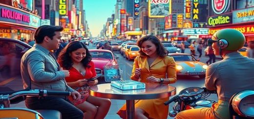 A vibrant 1960s-inspired scene depicting a futuristic dating scenario, where people interact with friendly robots and holographic matchmakers amidst a colorful, bustling cityscape filled with retro-futuristic vehicles. Capture the hope and optimistic vibe of the era with people dressed in bold fashion, smiling and laughing, while technology seamlessly integrates into their connections. Make the image in high definition.