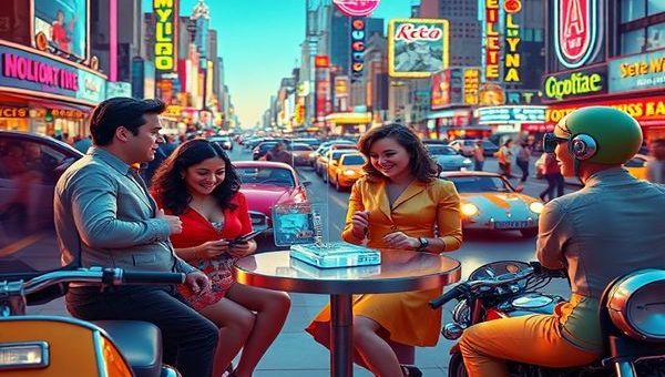 A vibrant 1960s-inspired scene depicting a futuristic dating scenario, where people interact with friendly robots and holographic matchmakers amidst a colorful, bustling cityscape filled with retro-futuristic vehicles. Capture the hope and optimistic vibe of the era with people dressed in bold fashion, smiling and laughing, while technology seamlessly integrates into their connections. Make the image in high definition.
