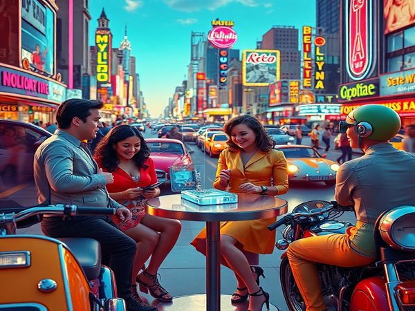 A vibrant 1960s-inspired scene depicting a futuristic dating scenario, where people interact with friendly robots and holographic matchmakers amidst a colorful, bustling cityscape filled with retro-futuristic vehicles. Capture the hope and optimistic vibe of the era with people dressed in bold fashion, smiling and laughing, while technology seamlessly integrates into their connections. Make the image in high definition.