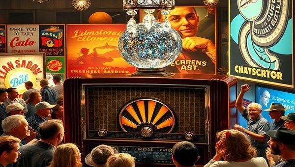 "Create a high definition image depicting a vibrant 1930s advertising scene, blending Art Deco aesthetics with futuristic elements, showcasing people gathered around a vintage radio with sparkling crystal balls and colorful advertisements in the background. The atmosphere should reflect a sense of optimism and imagination, with subtle nods to technological advancements like early television and whimsical, oversized display posters. Incorporate rich colors and intricate details to convey the hope and communal spirit of the era."