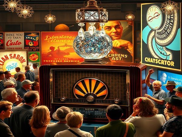 "Create a high definition image depicting a vibrant 1930s advertising scene, blending Art Deco aesthetics with futuristic elements, showcasing people gathered around a vintage radio with sparkling crystal balls and colorful advertisements in the background. The atmosphere should reflect a sense of optimism and imagination, with subtle nods to technological advancements like early television and whimsical, oversized display posters. Incorporate rich colors and intricate details to convey the hope and communal spirit of the era."