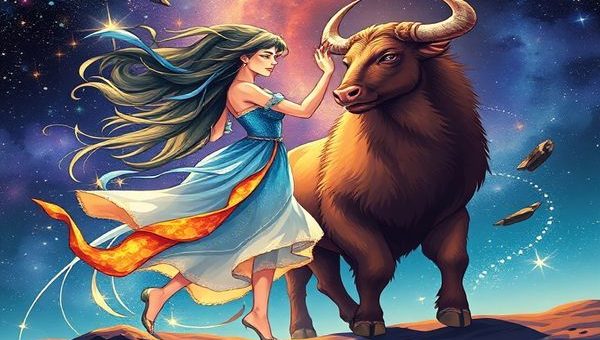 Create a high-definition image depicting a cosmic dance between Aquarius and Taurus. Illustrate Aquarius as a vibrant Water Bearer filled with electric energy and swirling winds, representing innovation and freedom, contrasted against a grounded Taurus, represented as a strong Bull embodying warmth and stability. Show the celestial expanse as a backdrop, with stars and constellations swirling around them, symbolizing their harmonious yet challenging relationship. Integrate elements of air and earth, with sparks of creativity meeting the rich textures of soil, showcasing the balance of their contrasting elements.