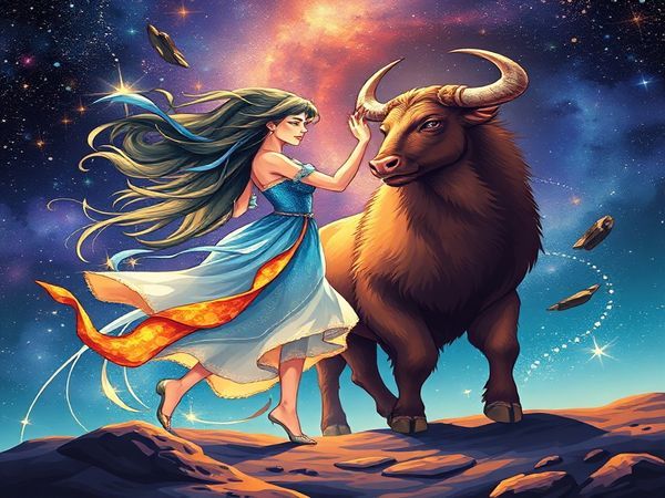 Create a high-definition image depicting a cosmic dance between Aquarius and Taurus. Illustrate Aquarius as a vibrant Water Bearer filled with electric energy and swirling winds, representing innovation and freedom, contrasted against a grounded Taurus, represented as a strong Bull embodying warmth and stability. Show the celestial expanse as a backdrop, with stars and constellations swirling around them, symbolizing their harmonious yet challenging relationship. Integrate elements of air and earth, with sparks of creativity meeting the rich textures of soil, showcasing the balance of their contrasting elements.