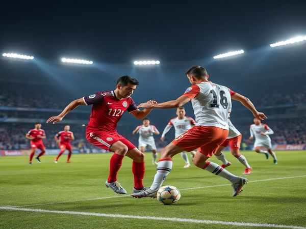 A dynamic football match under floodlights, featuring Türkiye and Bulgaria clashing on the field. Türkiye, in vibrant red and white kits, displays speed and creativity, with players like Hakan Çalhanoğlu executing rapid one-twos. Opposite, Bulgaria, clad in their classic colors, showcases a compact and organized defense led by Kiril Despodov, expertly positioning to absorb pressure. The tension is palpable as both teams strategize, the pitch alive with movement and anticipation. Capture this high-stakes encounter in high definition, emphasizing the emotions, tactics, and vivid details of the players and the electric atmosphere.