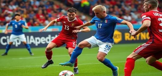 A dynamic clash of footballing titans unfolds on a vibrant green pitch, as Italy’s blue-clad Azzurri, led by their tactical mastermind Mancini, face off against Norway’s fierce Viking warriors in striking red uniforms. The image captures Gianluigi Donnarumma against a backdrop of roaring fans, with Erling Haaland poised for a powerful strike, Martin Ødegaard weaving through a sea of defenders. Tension fills the air, with vivid details highlighting the players' intense focus and the electrifying atmosphere of a World Cup qualifier. Please create this image in high definition.