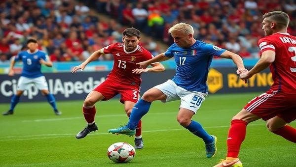 A dynamic clash of footballing titans unfolds on a vibrant green pitch, as Italy’s blue-clad Azzurri, led by their tactical mastermind Mancini, face off against Norway’s fierce Viking warriors in striking red uniforms. The image captures Gianluigi Donnarumma against a backdrop of roaring fans, with Erling Haaland poised for a powerful strike, Martin Ødegaard weaving through a sea of defenders. Tension fills the air, with vivid details highlighting the players' intense focus and the electrifying atmosphere of a World Cup qualifier. Please create this image in high definition.