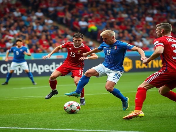 A dynamic clash of footballing titans unfolds on a vibrant green pitch, as Italy’s blue-clad Azzurri, led by their tactical mastermind Mancini, face off against Norway’s fierce Viking warriors in striking red uniforms. The image captures Gianluigi Donnarumma against a backdrop of roaring fans, with Erling Haaland poised for a powerful strike, Martin Ødegaard weaving through a sea of defenders. Tension fills the air, with vivid details highlighting the players' intense focus and the electrifying atmosphere of a World Cup qualifier. Please create this image in high definition.