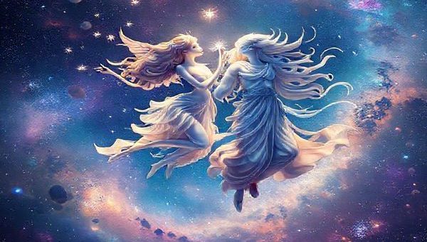 A high-definition image of Gemini and Aquarius personified as ethereal twin beings soaring through a vibrant cosmic landscape. Gemini, depicted as two playful, intertwined figures, embodies the essence of air with gentle breezes swirling around them, scattering sparkling thoughts like stars. Aquarius, as a visionary figure with flowing garments that represent water and air, carries an overflowing vessel of ideas, merging with the flowing currents of the cosmos. Surrounding them are galaxies, shimmering constellations, and a kaleidoscope of colors, reflecting their shared curiosity and exploration of the universe's mysteries. The scene should emanate a sense of harmony, spontaneity, and intellectual connection.
