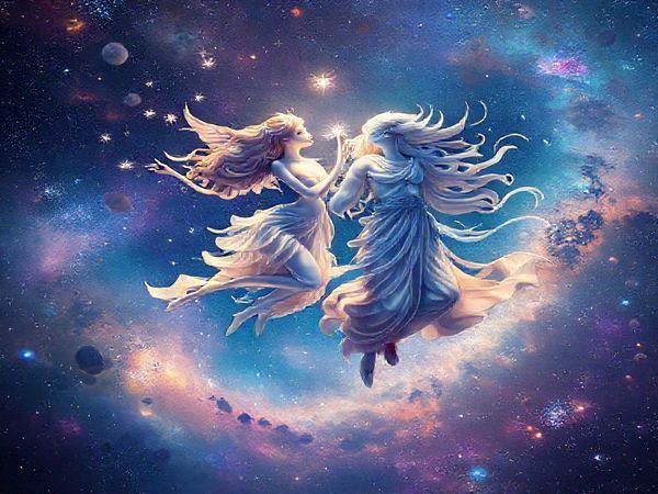 A high-definition image of Gemini and Aquarius personified as ethereal twin beings soaring through a vibrant cosmic landscape. Gemini, depicted as two playful, intertwined figures, embodies the essence of air with gentle breezes swirling around them, scattering sparkling thoughts like stars. Aquarius, as a visionary figure with flowing garments that represent water and air, carries an overflowing vessel of ideas, merging with the flowing currents of the cosmos. Surrounding them are galaxies, shimmering constellations, and a kaleidoscope of colors, reflecting their shared curiosity and exploration of the universe's mysteries. The scene should emanate a sense of harmony, spontaneity, and intellectual connection.
