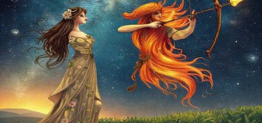 A celestial scene depicting Virgo, the graceful maiden adorned in earthy tones with delicate floral details, standing amidst lush greenery, symbolizes precision and structure. Beside her, Sagittarius, the adventurous archer, is illustrated in vibrant hues of fire, aiming an arrow towards a starlit horizon, embodying freedom and exploration. The background features a tapestry of the night sky, with constellations intertwining, representing their dynamic relationship. Emphasize the contrast between Virgo's grounded serenity and Sagittarius's fiery passion. Render this image in high definition for a vivid experience.