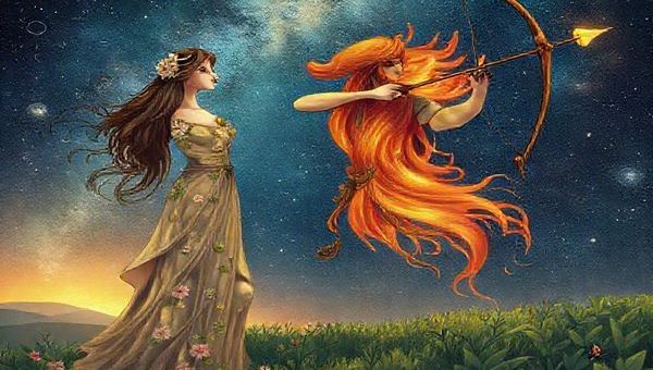 A celestial scene depicting Virgo, the graceful maiden adorned in earthy tones with delicate floral details, standing amidst lush greenery, symbolizes precision and structure. Beside her, Sagittarius, the adventurous archer, is illustrated in vibrant hues of fire, aiming an arrow towards a starlit horizon, embodying freedom and exploration. The background features a tapestry of the night sky, with constellations intertwining, representing their dynamic relationship. Emphasize the contrast between Virgo's grounded serenity and Sagittarius's fiery passion. Render this image in high definition for a vivid experience.