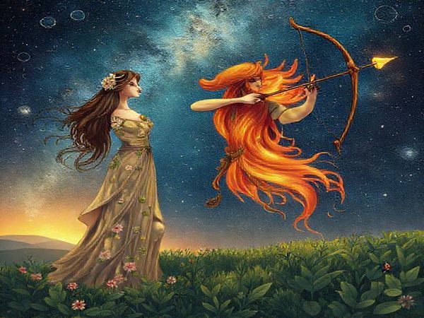 A celestial scene depicting Virgo, the graceful maiden adorned in earthy tones with delicate floral details, standing amidst lush greenery, symbolizes precision and structure. Beside her, Sagittarius, the adventurous archer, is illustrated in vibrant hues of fire, aiming an arrow towards a starlit horizon, embodying freedom and exploration. The background features a tapestry of the night sky, with constellations intertwining, representing their dynamic relationship. Emphasize the contrast between Virgo's grounded serenity and Sagittarius's fiery passion. Render this image in high definition for a vivid experience.
