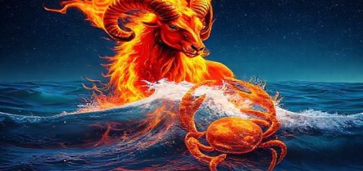 Create a high definition image depicting a fiery Aries ram fully ablaze, charging forward with vibrant energy against a soothing backdrop of gentle waves representing Cancer, the nurturing crab. The scene captures the dynamic interaction of fire and water, with warm flames and cool tides merging into a captivating dance of colors. Emphasize the emotional depth and vitality in this celestial pairing, highlighting their contrasting yet complementary natures, framed by a starry night sky that symbolizes their shared journey through the cosmos.