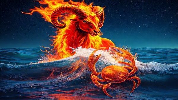 Create a high definition image depicting a fiery Aries ram fully ablaze, charging forward with vibrant energy against a soothing backdrop of gentle waves representing Cancer, the nurturing crab. The scene captures the dynamic interaction of fire and water, with warm flames and cool tides merging into a captivating dance of colors. Emphasize the emotional depth and vitality in this celestial pairing, highlighting their contrasting yet complementary natures, framed by a starry night sky that symbolizes their shared journey through the cosmos.