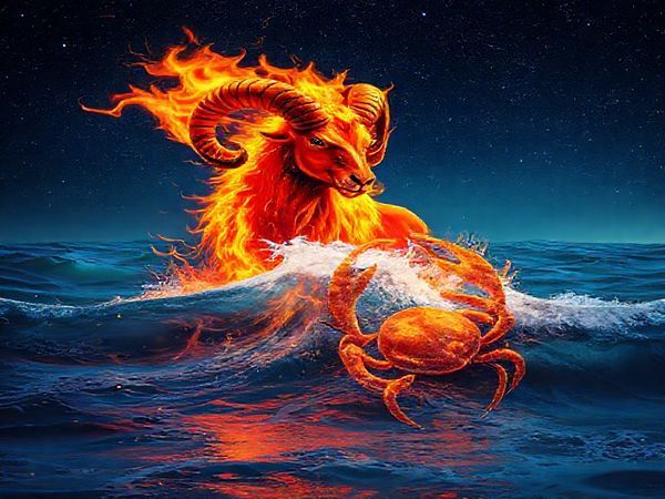 Create a high definition image depicting a fiery Aries ram fully ablaze, charging forward with vibrant energy against a soothing backdrop of gentle waves representing Cancer, the nurturing crab. The scene captures the dynamic interaction of fire and water, with warm flames and cool tides merging into a captivating dance of colors. Emphasize the emotional depth and vitality in this celestial pairing, highlighting their contrasting yet complementary natures, framed by a starry night sky that symbolizes their shared journey through the cosmos.