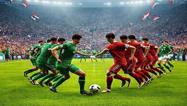 **Create a high definition image capturing the intense showdown between Hungary and the Republic of Ireland in a World Cup qualifier. Depict two soccer teams on a vibrant green pitch, with the Hungarian team showcasing their tactical organization in red uniforms, while the Irish team, in green, displays their gritty determination. Include a roaring crowd in the background, flags waving, and the tension of the moment palpable as the battle unfolds in midfield, highlighting the clash of styles - strategy versus tenacity.**