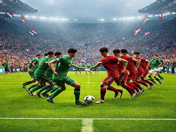 **Create a high definition image capturing the intense showdown between Hungary and the Republic of Ireland in a World Cup qualifier. Depict two soccer teams on a vibrant green pitch, with the Hungarian team showcasing their tactical organization in red uniforms, while the Irish team, in green, displays their gritty determination. Include a roaring crowd in the background, flags waving, and the tension of the moment palpable as the battle unfolds in midfield, highlighting the clash of styles - strategy versus tenacity.**