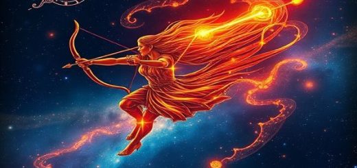 Create a high-definition image of two celestial Sagittarians, depicted as twin archers, shooting arrows of light across a starlit sky. They are surrounded by swirling constellations and vibrant fire elements, symbolizing their adventurous and philosophical spirits. The background should be a breathtaking cosmic landscape filled with nebulae and distant galaxies, illustrating the harmony of their bond as they navigate the journey of love and exploration together.
